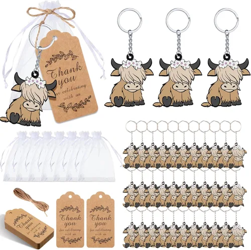 Kigeli 36 juegos de llaveros de fiesta de vaca de las tierras altas con bolsas de organza, etiquetas de agradecimiento, regalos de intercambio de