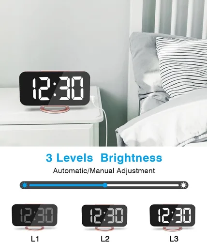 Miniatura 5 de Reloj despertador digital, relojes electrónicos con espejo LED de 7 pulgadas, con 2 puertos de carga USB, modo de suspensión, ajuste automático