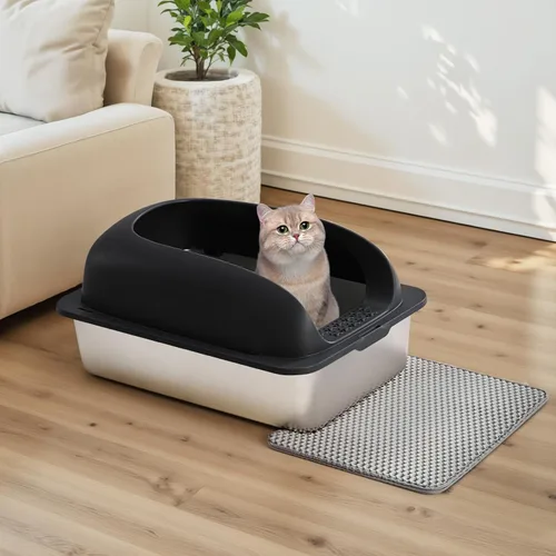 Miniatura 7 de OLIXIS Caja de arena para gatos de acero inoxidable con tapa, caja de arena grande para gatos grandes, lados de pared alta, antifugas de orina