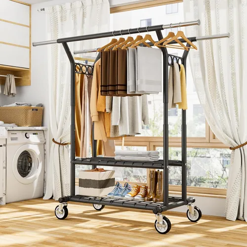 Miniatura 8 de HYSEYY Perchero de ropa resistente, perchero con estantes de carga de 620 libras, perchero de doble barra para colgar ropa, perchero portátil