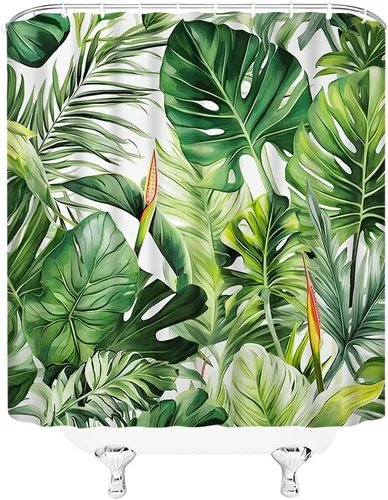 Miniatura 2 de Cortina de ducha de hojas verdes tropicales, hojas de palmera, Monstera, plátano, selva, acuarela, decoración de baño, juego de cortinas con ganchos