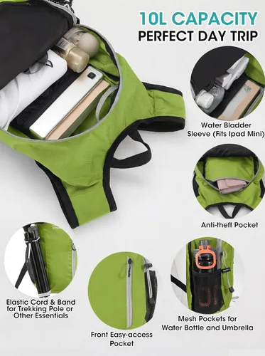 Miniatura 4 de VPBAGE Mochila de senderismo pequeña con soporte frontal para teléfono, mochila plegable con correa de pecho y cintura, Amarillo paja, Pequeño