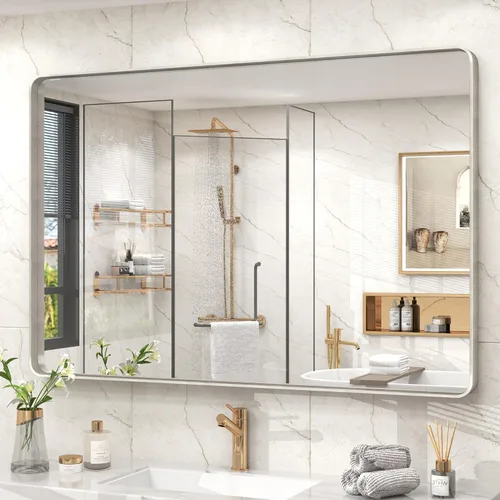 Miniatura 87 de Paquete de 2 espejos de baño con marco de metal negro de 22 x 30 pulgadas, espejo rectangular redondeado negro mate, antioxidante, se cuelga