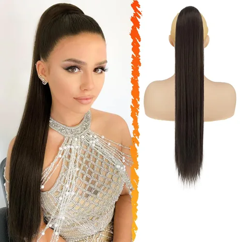 Miniatura 23 de BARSDAR Extensión de cola de caballo corta y recta - Extensiones de pelo con cordón de 16 pulgadas, rubio para mujeres - Extensiones de pelo Rubio