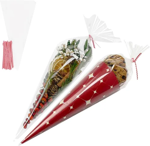 Miniatura 13 de EKAPACKAGING 50 bolsas de golosinas con forma de cono de 7 x 15 pulgadas, bolsas de palomitas de maíz de San Valentín con lazos para dulces y arroz