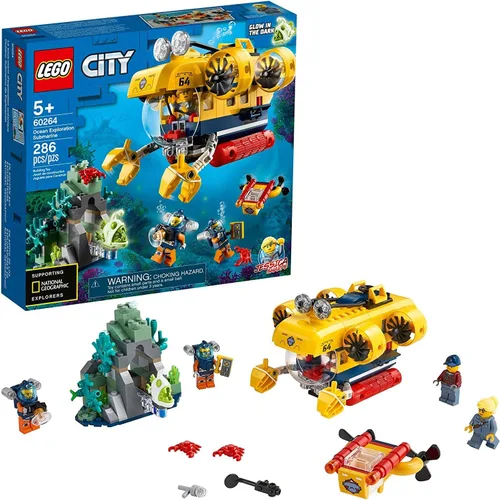 LEGO City Ocean Exploration Submarine 60264, con submarino, ajuste de arrecife de coral, dron submarino, figura de pez pescador que brilla en la