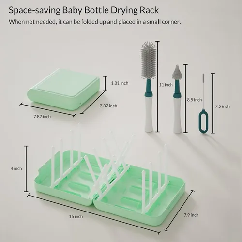Miniatura 6 de Juego de cepillos portátiles para biberones con múltiples cepillos, dispensador de jabón, estante de secado de botellas plegable para 16 biberones