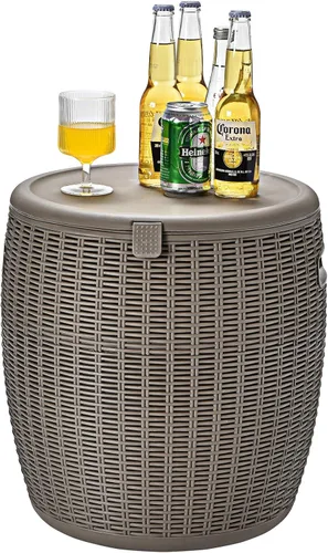 Miniatura 8 de Giantex Enfriador de hielo de 9.5 galones, baúl redondo de mimbre, cubo de hielo para vino de cerveza al aire libre, tapa superior, asas laterales