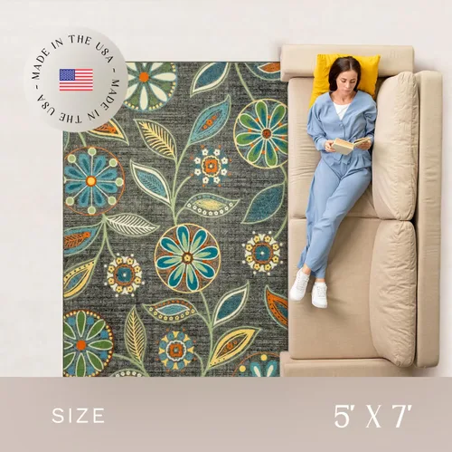 Miniatura 3 de Alfombras de área con diseño floral Maples Rugs Reggie para sala de estar y dormitorio (fabricado en Estados Unidos), multicolor, 5 x 7 Gris oscuro