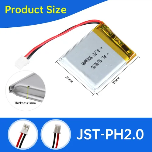 Miniatura 3 de 503035 Batería Lipo 3.7V 500mAh 503035 Paquete de Batería Recargable de Polímero de Litio con Conector JST PH2.0mm para Dispositivo Electrónico