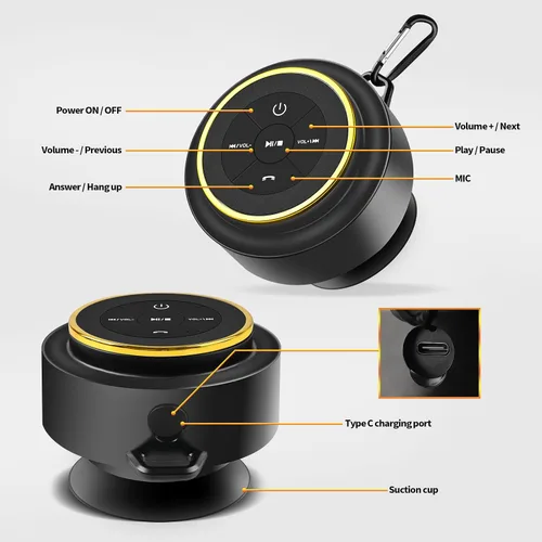 Miniatura 8 de Altavoz de ducha Bluetooth con mosquetón, altavoces Bluetooth portátiles con ventosa, IP67 impermeable, inalámbrico, flotante, para camping, playa
