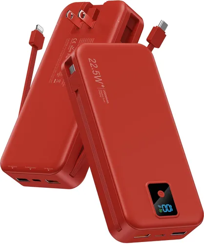 Miniatura 19 de Cargador portátil, cargador de batería de carga rápida de 12000 mAh 22.5 W con cables integrados y enchufe de pared, paquete de baterías esenciales