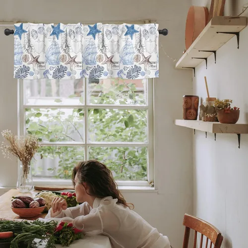 Miniatura 6 de Cortinas de cenefa costera para dormitorio, sala de estar, estrellas de mar náuticas, algas azules, persianas romanas para ventanas, cortinas