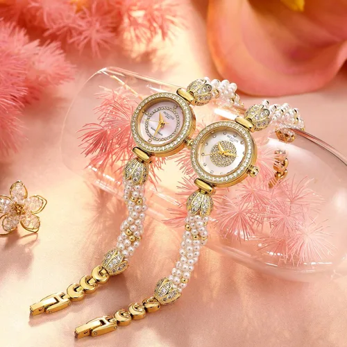 Miniatura 2 de Reloj de pulsera de oro para mujer, correa de cadena de perlas giratoria, esfera deslumbrante, impermeable, regalo para mujer R0262JF