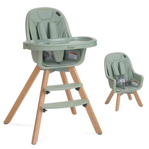 Miniatura 7 de évolur Zoodle - Silla alta 3 en 1 en color menta, silla de alimentación convertible de madera para bebé con bandeja extraíble apta