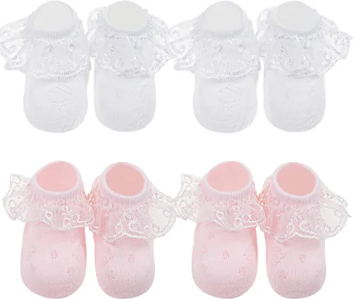 Miniatura 7 de DRESHOW Calcetines de bebé para niñas con ojales y volantes de encaje, calcetines de vestir para recién nacidosbebésniños pequeñosniños para niña