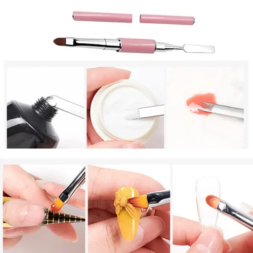 Miniatura 7 de Cepillo de poligel de doble extremo, 2 en 1 cepillos de uñas de diseño de acero inoxidable, cepillo de poligel y espátula para extensión de uñas