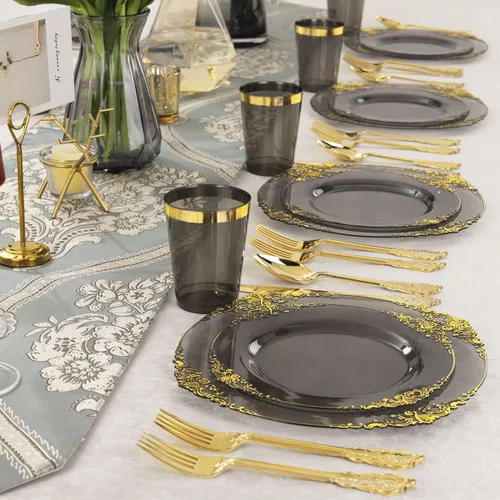 Miniatura 6 de Nervure 175 platos de plástico negro transparente, juego de vajilla de plástico dorado para 25 invitados, incluye 50 platos desechables, 75