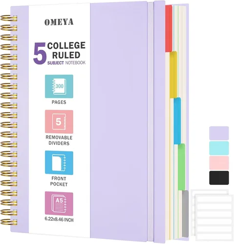 Miniatura 13 de Cuaderno de Espiral 8.5" x 11", Cuadernos de 5 Materias con Rayas Universitarias con Divisores Removibles, 300 Páginas 100GSM Diario de Escritura