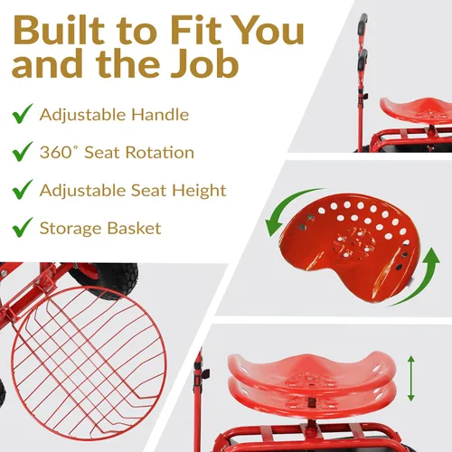 Miniatura 3 de Sunnydaze Carrito de jardín con ruedas - Taburete de jardín sobre ruedas - Asiento de jardinería con ruedas con mango extensible - Asiento giratorio
