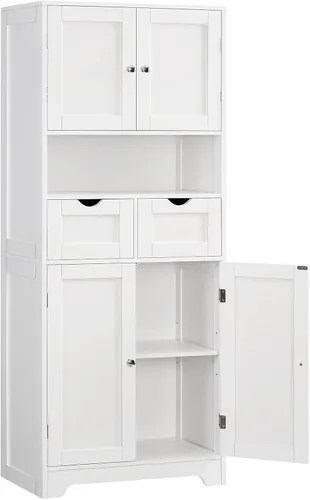 Miniatura 13 de Iwell Armario de almacenamiento de 57.8 pulgadas de alto con 2 cajones y 2 estantes ajustables, armario de cocina con 4 puertas, armario alto