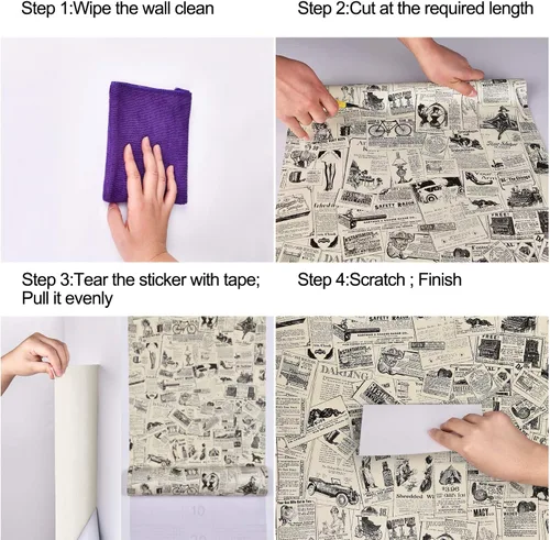 Miniatura 7 de WENMER Papel de contacto de periódico – 17.71 x 118 pulgadas, papel tapiz autoadhesivo vintage para despegar y pegar, rollo de papel de pared