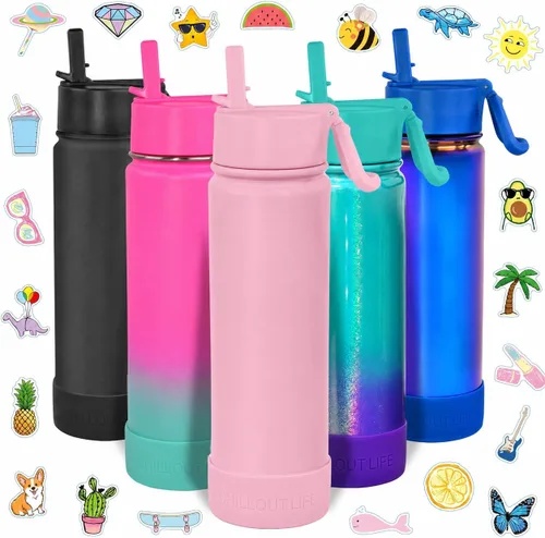 Miniatura 33 de CHILLOUT LIFE Botella de agua aislada para niños de 17 onzas para la escuela con tapa con pajilla, a prueba de fugas y bonitas calcomanías Azul