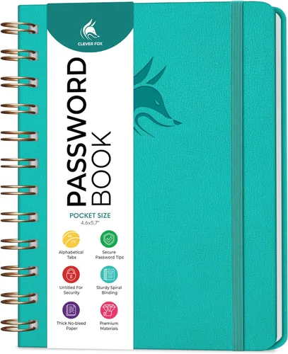 Clever Fox Libro de contraseñas en espiral, mini organizador de direcciones de Internet y contraseñas con pestañas alfabéticas laminadas, diario