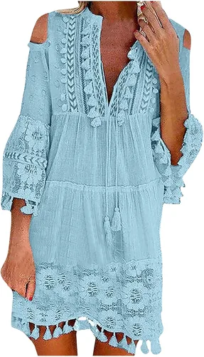 Vestidos de manga 34 para mujer, vestido de encaje con hombros descubiertos, vestido casual con cuello en V, vestidos de retazos de talla grande