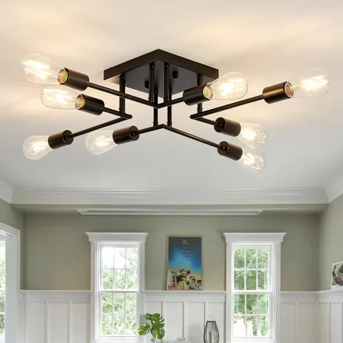 Miniatura 11 de Accesorio de Lámpara de Techo Industrial Semiempotrada de 4 Luces, Candelabro Sputnik Moderno de Metal Negro con Base de Bombilla E26, Luz Pegada al