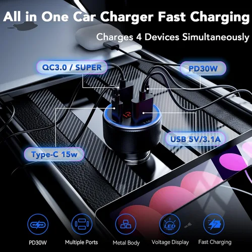 Miniatura 2 de Cargador de coche USB C de carga rápida, 4 puertos 78 W cargador de teléfono de coche de metal con voltímetro, 2 USB-C y 2 USB-A 12 V-24 V cargador