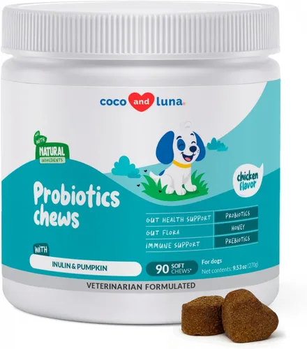 Probióticos para perros - Apoyo digestivo y diarrea - 90 masticables suaves - Formulado por veterinarios - Salud intestinal y apoyo inmunológico