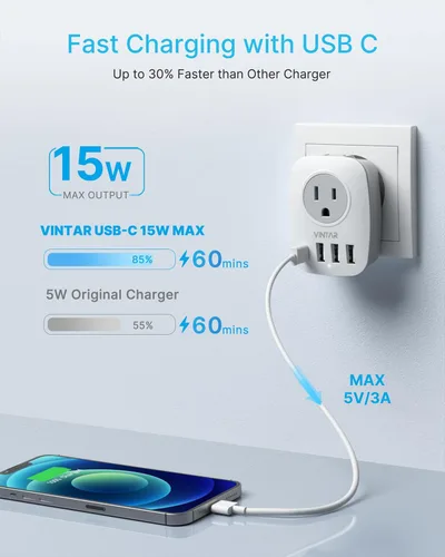 Miniatura 3 de Paquete de 2 adaptadores de enchufe de viaje europeo, VINTAR Adaptador de enchufe de alimentación internacional con 1 USB C, 2 salidas americanas