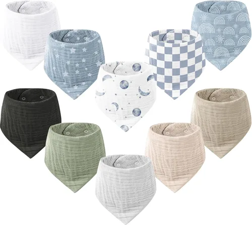 Miniatura 11 de Konssy Baberos de muselina para bebé, paquete de 10 baberos bandana para bebé, 100% algodón, unisex para niños y niñas Amarillo