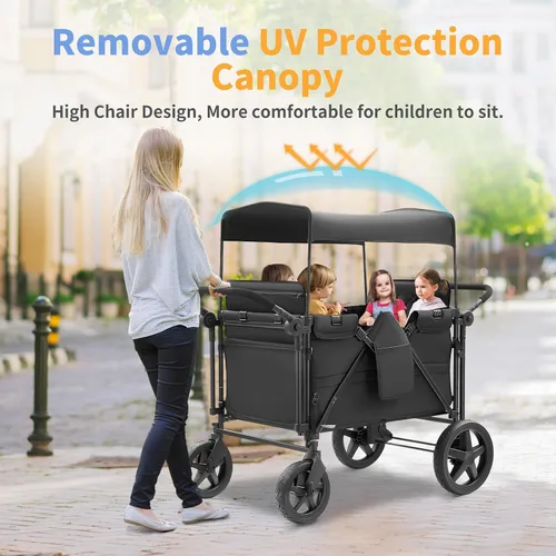 Miniatura 6 de Cochecito para 4 niños, cochecito de 4 plazas con 4 asientos altos con arneses de 5 puntos y toldo ajustable, cochecito plegable de doble barra