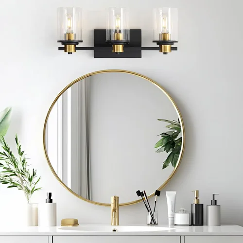 Miniatura 8 de LOUSACE Lámpara de baño negra y dorada, 3 luces de tocador de baño, moderna luz de baño sobre espejo con pantallas de vidrio transparente, enchufe