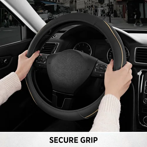 Miniatura 2 de Road Comforts Funda de cuero para volante con ribete decorativo y ribetes, diseño antideslizante y transpirable, se adapta a volantes redondos