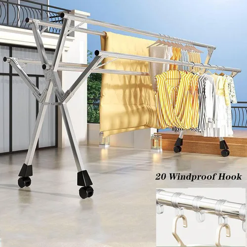 Miniatura 5 de Estante de secado retráctil de ropa para lavandería, con estantes, estante de secado de ropa plegable con ruedas, estante de secado de acero