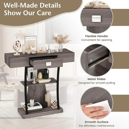 Miniatura 7 de Giantex Mesa consola estrecha en forma de T – Mesa para detrás del sofá con cajón, estantes, kits dobles antivuelcos, moderna mesa de vestíbulo