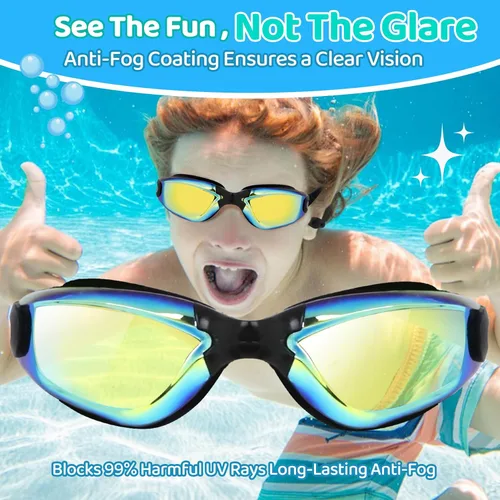 Miniatura 5 de Vvinca Swimming Goggles for Kids 3-15 years-2 Pack, Kids Goggles Anti-Fog/UV No Leaking Swim Goggles for Kids 03-negro oro y negro rosa