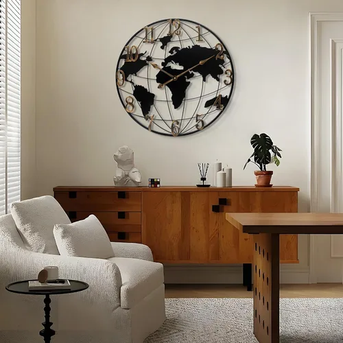Miniatura 6 de Maxstar Reloj de pared grande con mapa del mundo, minimalista de metal, moderno, redondo, silencioso, sin tictac, funciona con pilas, para sala