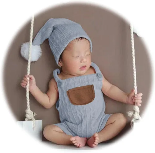 Miniatura 2 de Newborn Photography Props Baby Photoshoots Outfits Boy Photo Posing Romper Hat Crochet Suspender Costume Azul claro