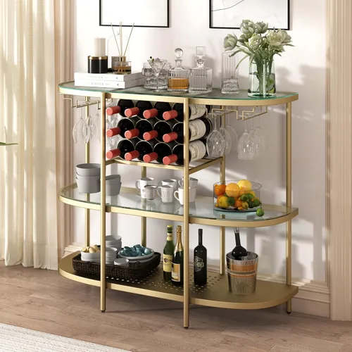 Miniatura 4 de O&K FURNITURE Mesa de bar para el hogar con estantes de vino, mesa de bar de vino de 3 niveles con soportes para vidrio, gabinete de vino