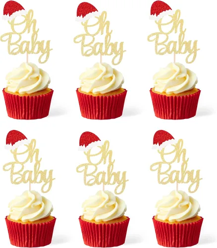 Gexolenu 24 piezas de adornos de Navidad para cupcakes Oh Baby, con purpurina de doble cara, para sombrero de Papá Noel rojo para Navidad, baby