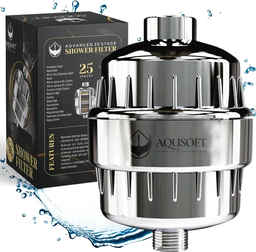 AQUSOFT - Filtro de agua avanzado de 25 etapas para cabezal de ducha, elimina el 99.9% de cloro, metales pesados e impurezas de agua dura, mejora la