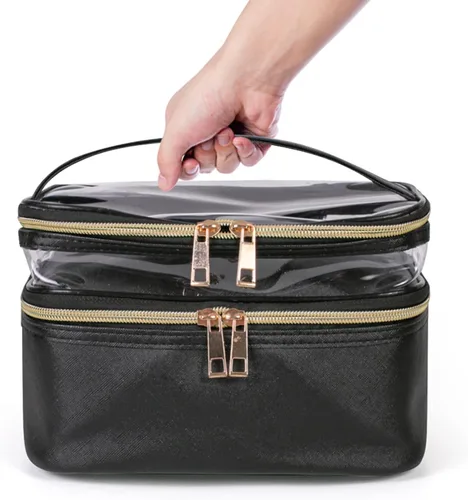 Miniatura 5 de Bolsa de cosméticos de doble capa, bolsa de maquillaje, bolsa de aseo grande, bolsa organizadora de maquillaje de viaje para niñas y mujeres, Negro