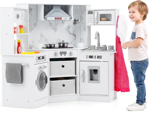 Miniatura 11 de Costzon Cocina de juego de esquina, juego de cocina de madera para niños pequeños con luces y sonidos, sistema de circulación de agua, lavadora