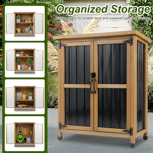 Miniatura 8 de Ketive Armario de almacenamiento para exteriores, pequeño gabinete de almacenamiento de herramientas de jardín de madera y metal con techo de Negro