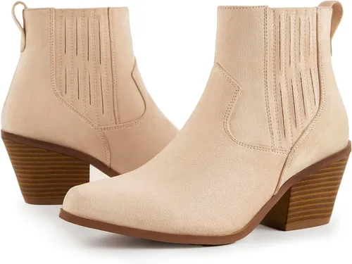 Miniatura 4 de TINSTREE Botines occidentales para mujer, puntera puntiaguda, tacón medio, estilo Chelsea con cremallera lateral, elástico