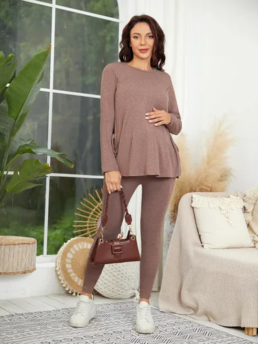 Miniatura 6 de OYOANGLE Conjunto de camiseta de maternidad con cuello redondo y nudo lateral para mujer